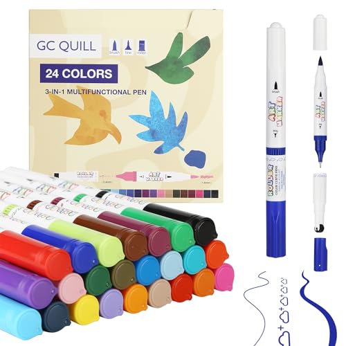 GC QUILL Stylos feutre courbes - 24 couleurs Stylos courbes à 3 pointes - Différentes formes de tampons, pointe pinceau, pointes fines - pour agenda, scrapbook, journalisme, planning, notes, calendri
