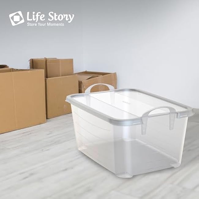 Life Story 12-Pack Stackable Plastic Storage Bins w/Handles & Snapping Lids, 55 Qt., Clear