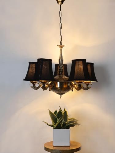 Image of Devansh 05 Lights Black Round Cotton Shade with Antique Golden Chandelier -J