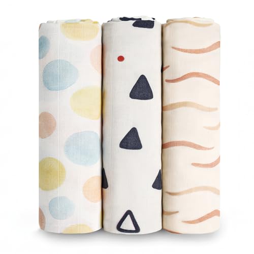 Image of HECCEI 3-Pack Muslin Baby Swaddle Blanket Bamboo Cotton 47 x 47 Inches | Soft Breathable Receiving Blanket Swaddles for Newborn Registry Gift for Baby Showers