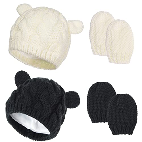 Image of 2 Set Newborn Winter Beanie Hats Gloves Kit for Baby Girls Boys Infant Toddler Warm Knitted Hats Glove Autumn Spring