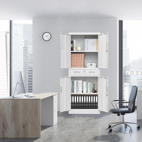Metal Storage with 1 Drawer, 71" Cabinet with 4 Locking Doors and 2 Adjustable Shelves, Steel Storage File Cabinet for Pantry, Kitchen, Office, Garage (White)