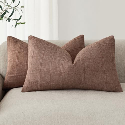 Image of Foindtower Set of 2 Decorative Linen Check Throw Pillow Covers Neutral Farmhouse Lumbar Cushion Covers Modern Boho Home Decor for Sofa Chair Couch Bedroom Living Room,12x24 Inch,Autumnal Red