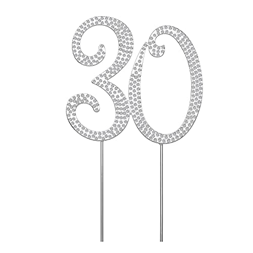 Decoración de la torta de plata número 30, diamantes de imitación con purpurina, magdalena soporte palillos de dientes, figuras de azúcar para la boda del 30 aniversario la fiesta de cumpleaños