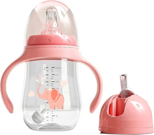 漏れない 赤ちゃん ストロー ベビー こども トライタン)ハンドル付き シッピーカップ ベビーマグカップこぼれない水分補給 軽く 育児 出産祝い (PP: 240ml - ピンク + カップヘッドパウダー)