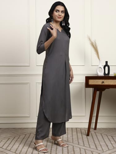 Image of idaLia Rayon Solid Straight Brown Kurta Set for Women with Palazzo 3 /4 Sleeve, Round V Neck Designer Kurta with Palazzo Pant Set