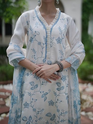 Image of INDO ERA Women's Silk Blend Kurta and Pant with Dupatta Set