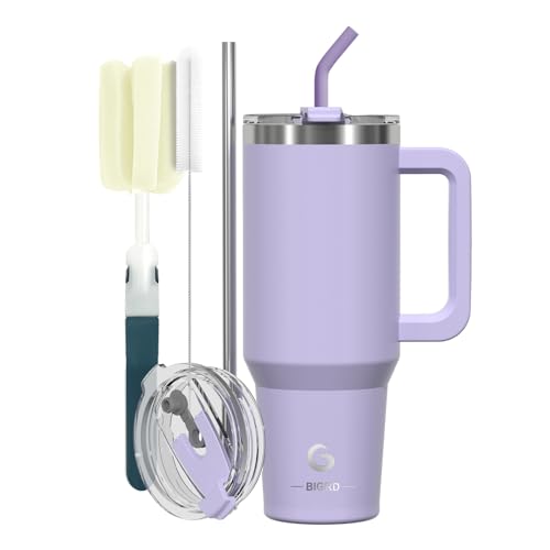 BIGRD 40 oz Stainless Steel Vacuum Insulated Thermal Mug To Go, Double-Walled Leak-Proof Drinking Bottle with Straws & Locking Lid, BPA-Free,Coffee Mug for Hot and Cold Lila