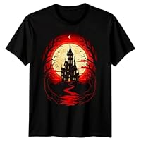 Haunted Castle Gothic Mansion Mens Graphic T-Shirt Halloween Spooky Full Moon Bats Horror Tee 5XL Black