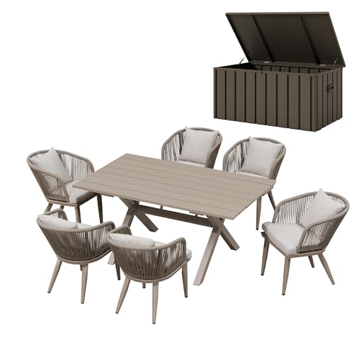 Image of PURPLE LEAF 7 Pieces Patio Dining Set with Storage Box Wicker Outdoor Furniture Rectangular Table and Chairs Set for Garden Deck Backyard Kitchen, Cushions and Pillows Included Champagne