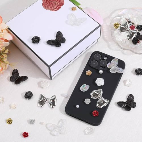 SUNNYCLUE 264Pcs Resin Beads Charms 3D Flatback Assorted Plastic Beads Bulk Black White Gothic Halloween Butterfly Charms Glitter Rose Flower Bead Cabochons Pearl Bead for jewellery Making Kits - Image 4