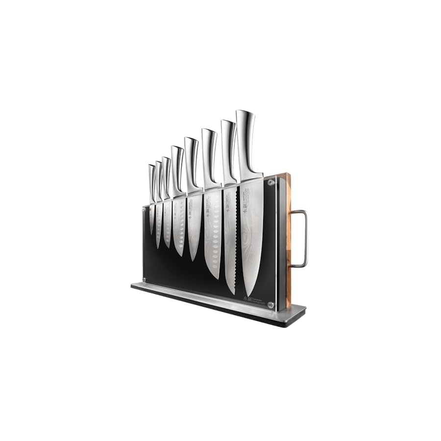 Cuisine::pro Damashiro Knife Block (Bodo, 10 Piece Set) - Premium Japanese Steel Knife Set With Tempered Glass Display - Built-in Acacia Wood Cutting Board