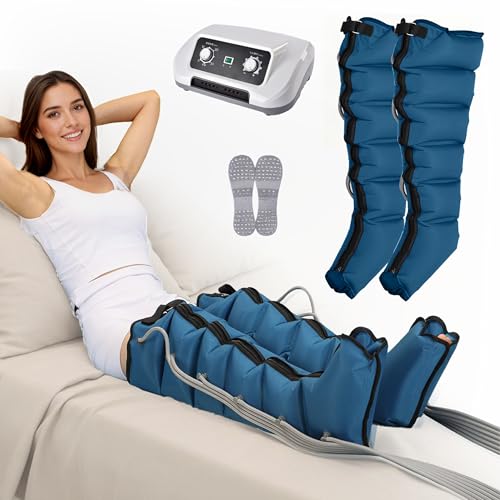 Presoterapia Piernas y Abdomen para Casa, Maquina Botas Presoterapia Profesional Pierna, 6 camaras Masajeador Circulación 0-240 Mmhg Presión Ajustable (Azul Piernas, M)