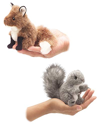 Folkmanis Mini Gray Squirrel and Mini Fox Finger Puppet - Bundle Set of 2