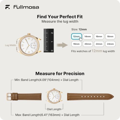 Image of Fullmosa 12mm Quick Release Leather Watch Band | Traditional Smartwatch Replacement Strap for Women Formal Daily Commute, Caramel Brown&Rosegold Buckle