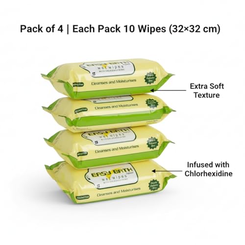 Image of Easy Bath Wipes | Enriched with Aloe Vera & Vitamin E | Extra Large 32x32 cm Wet Wipes for Gentle Cleansing | Bathing Wipes for Adults & Elderly | 10 Wipes Per Pack | Combo of 3 (Total 30 Wipes)