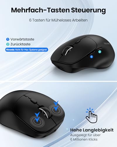 TECKNET Bluetooth Maus Wiederaufladbar, Maus Kabellos (Tri-Modi: BT5.0/3.0 + 2.4G) mit Ergonomische Daumenauflage, 4800 DPI Computer Leise Funkmaus für Laptop, PC, Mac OS, Android, Windows 6