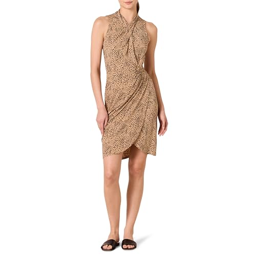 Amazon Essentials Damen Ärmelloses Kleid In Wickeloptik mit Crossover-Twistausschnitt, Helles Kamelbraun Leopardenmuster, XXL