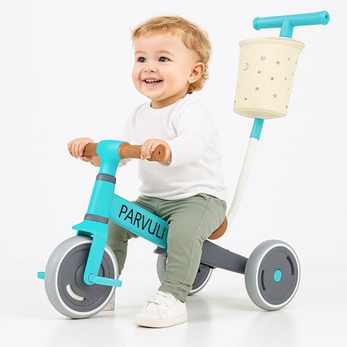 PARVULI Triciclo Evolutivo 3 en 1 para Niños de 3 a 8 Años – Triciclo con Empuje, Independiente y Bicicleta de Equilibrio – Ajustable, Ligero y Resistente hasta 30 kg (Azul)