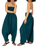 likemary Jumpsuit Damen Sommer – 2 in 1 Baumwoll Einteiler & Haremshose mit Taschen – Luftige Boho Pumphose, Schlupfhose für Urlaub & Alltag   Grünblau
