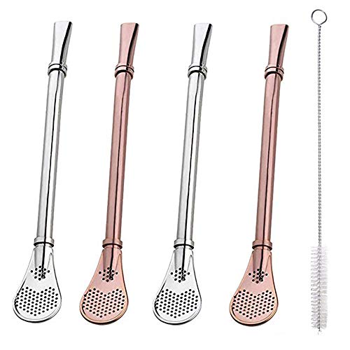 Stainless Steel 304 Drinking Spoon Straws,Tea Bombilla Drinking Straw,6.1In Long Filter Metal Straw,4-Piece