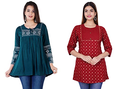 Image of Shiva Fab Short Kurti for Women | Embroidered Straight Rayon Kurta | Round Neck Full Sleeves Short Kurti for Women's Combo Pack of 2