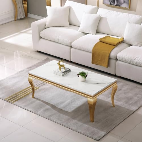 Image of Luxury Marble Coffee Table, Premium White Faux Marble Top, Gold Stainless Steel S Legs, 47 inch Rectangular Living Room Center Table, Modern Coffee Tables for Living Room, Apartment, Home Decor