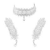 Daimay Choker Lace Necklace with Bracelet Set Punk Party Gothic Vintage Handmade Retro Gear Flower Bride Bracelet Wristband for Women - White