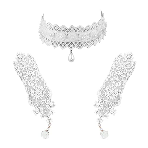 Daimay Choker Lace Necklace with Bracelet Set Punk Party Gothic Vintage Handmade Retro Gear Flower Bride Bracelet Wristband for Women - White
