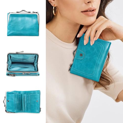 CONTACTS Full Grain Leather Kiss Lock Wallet for Women Kiss Clasp Coin Purse Vintage Small RFID Bifold Wallet (Blue)2
