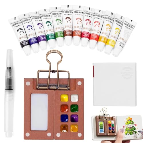Mini Watercolor Paint Set, Tiny Mini Paint Palette Travel Kit, Portable Pocket Artist Water Color Travel Set with 12 Colours, Sketchbook, Watercolor Pens, 8 Grid Paint Box For Painters and Artists