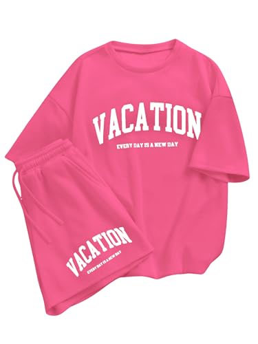 Image of Verdusa Girl's Tracksuit Sets 2 Piece Outfits Letter Print Vacation Tee Top and Drawstring Waist Shorts