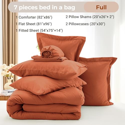 MUXHOMO 7 Pieces Full Comforter Set, Soft Bed in a Bag Full Size, All Season Bedding Set with Comforter, Flat Sheet, Fitted Sheet, Pillowcases & Shams, Burnt Orange
