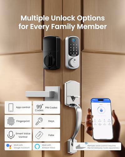 Image of DESLOC B200 Fingerprint Front Door Lock Set with Durable Handleset, Keyless Entry Deadbolt, Electronic Keypad, App Control, Easy Installation, Designed for a Modern and Stylish DESLOC Home, Silver