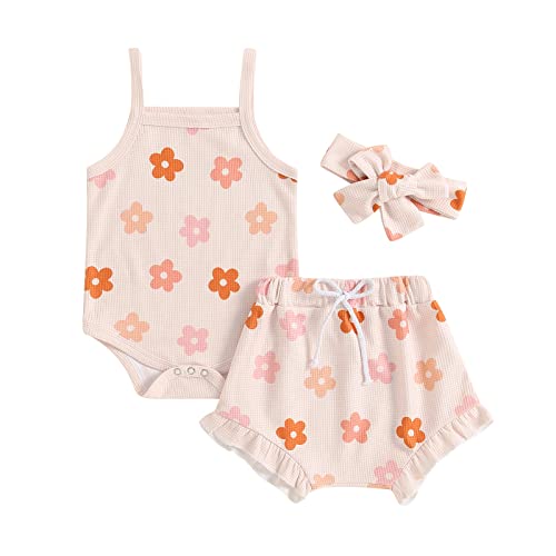 Image of LIOMENGZI Newborn Baby Girl Clothes Floral Print Sleevelesss Knit Cami Tops Shorts 2 Pcs Cute Toddler Baby Girl Summer Outfit