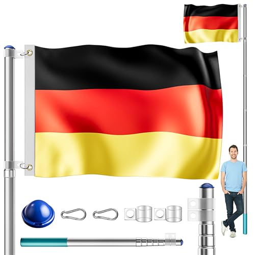 MONZANA® Asta Bandera Aluminio 6,30m Telescopica incl. Anclaje Suelo 60cm Bandera Alemania Alemana