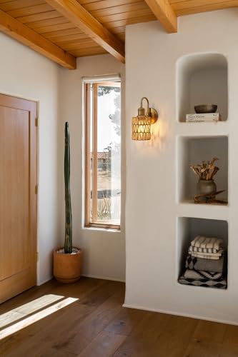 Image of 1-Light Vintage U-Shaped Sconce Wall Lighting with Rattan Shade, Boho Wall Sconce Hardwired Wall Lamp Fixture for Bedroom Bedside Hallway Living Room