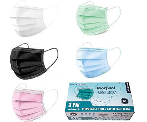 MORJWAL Healthcare 50 Piece Multicolor 3 Ply / 3 Layer Surgical Face Mask/Disposable Mask/Use and throw Mask/Pharmaceutical Mask with in-Built Nose Pin ISO FDA CE Certified Mask