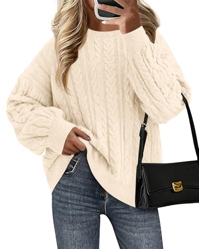 KIRUNDO Oversized Chunky Cable Knit Sweater Women(Cream, XL)
