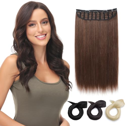 PARXITN Extensiones de pelo sintético con clip de una pieza, 5 clips, 40 cm, pelo sintético recto para mujeres, 3/4, con capas de malla, 1 trama, color marrón castaño