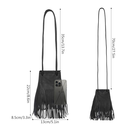 Image of Women Leather Fringe Messenger Bag Mini Hobo Crossbody Tassel Shoulder Bags