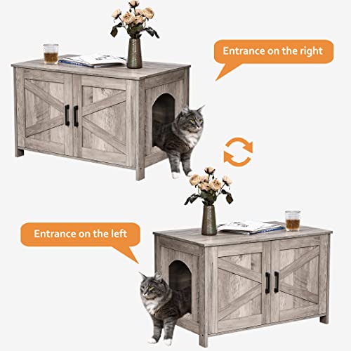 Homhedy Cat Litter Box Enclosure, Wooden Cat Washroom Furniture with Barn Door, Pet House, Fit Most of Litter Box, Greige
