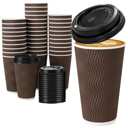 Huifany 16 oz Coffee Cups with Lids 50 Pack, Disposable Coffee Cups with Lids, Insulated To Go Paper Coffee Cup for Hot Cold Drinks