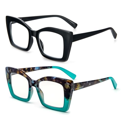 MMOWW Paquete de 2 gafas de lectura de gran tamaño para mujeres con montura cuadrada, estilo de moda, anti luz azul para mujeres y hombres (Negro+Tortuga carey azul, +3.0)