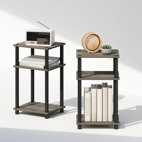 Image of Furinno Just 3-Tier Turn-N-Tube Open Storage Nightstand, 2-Pack, Plastic Poles, French Oak /Black