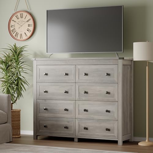 Image of BORNOON Tall 8-Drawer Dresser, Modern Wooden Storage Chest of Drawers, Dresser TV Stand, Wood Drawer Organizer with Metal Handles for Bedroom, Living Room, Hallway