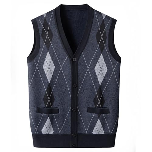 Men's Diamond Patterned Sweater Vest V-Neck Sleeveless Knit Cardigan Single Breasted Ribbed Hem Top