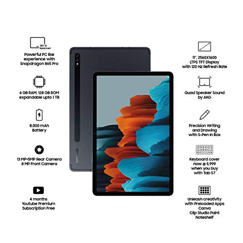 Image of Samsung Galaxy Tab S7 (11 inch, Wi-Fi + LTE, 6 GB RAM, 128 GB Internal) - Mystic Black + Cover