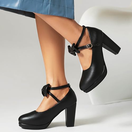 Image of ForeMode Fashion Women T-Strap High Heels Bow Platform Round Toe Pumps Leather Summer Sweet Shoes