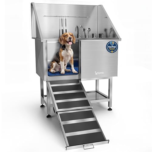 KANIS Professional Dog Washing Station - 304 Stainless Steel Pet Wash Sink & Grooming Bath Tub for Home with Ramp, Shower, Floor Grate, Storage Shelf, Faucet, Drain Kit for Large, Medium & Small Pets